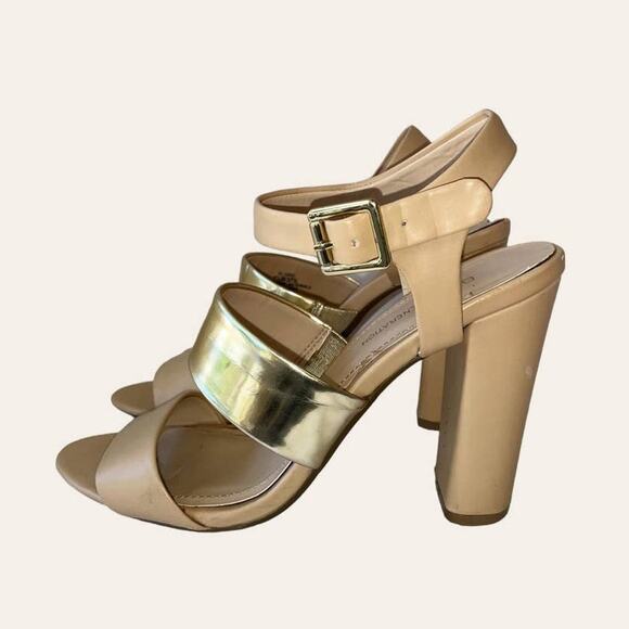 BCBGeneration Nude and Gold Heels, Sz 7.5 B, Strappy - Picture 4 of 7